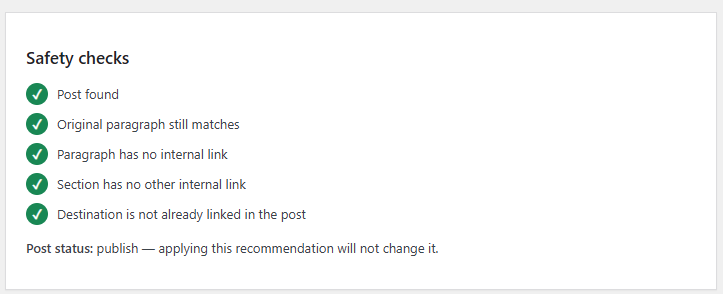 WordPress plugin dashboard showing internal link recommendations