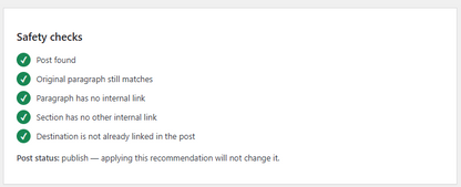WordPress plugin dashboard showing internal link recommendations