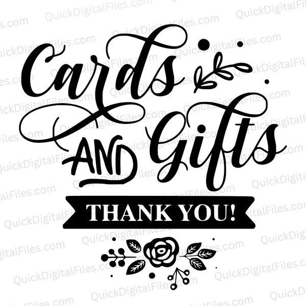 Black and white "Cards And Gifts" SVG for stylish wedding gift table signage.