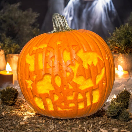 Pumpkin carving template Trick or Treat with bat PNG
