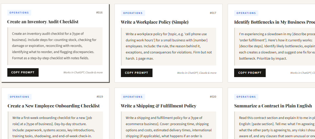 AI prompts for small business owners HTML app with 150 business prompts