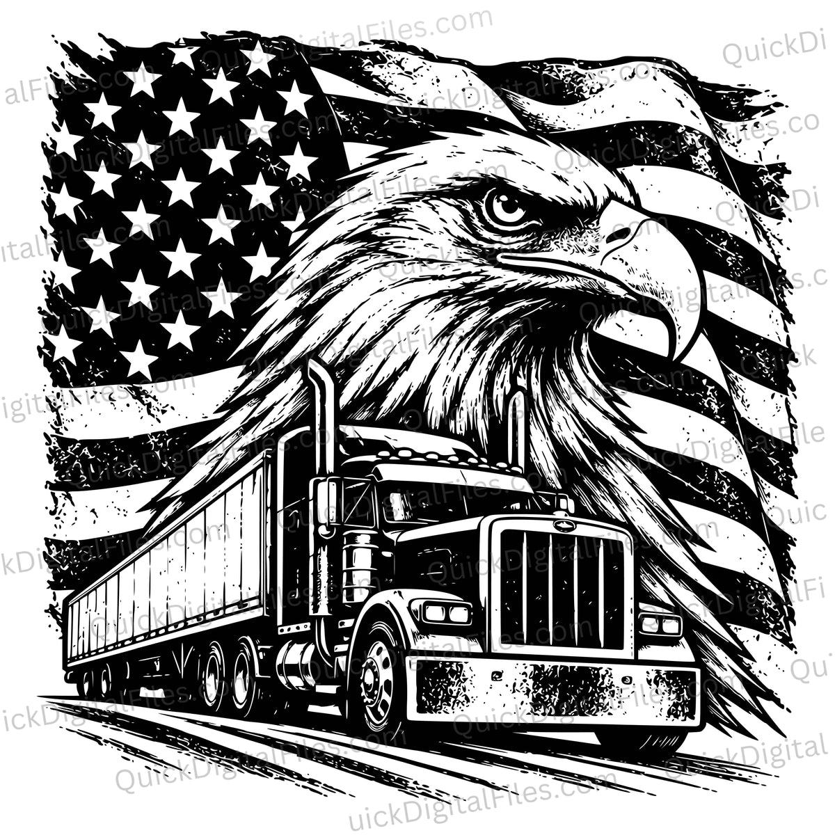 Black and white graphic illustration featuring a large bald eagle head in profile over a semi-truck, with a distressed American flag in the background.