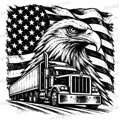 Black and white graphic illustration featuring a large bald eagle head in profile over a semi-truck, with a distressed American flag in the background.