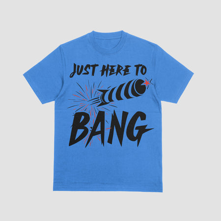 "Bold 'Just Here to BANG' fireworks typography art with rocket illustration."