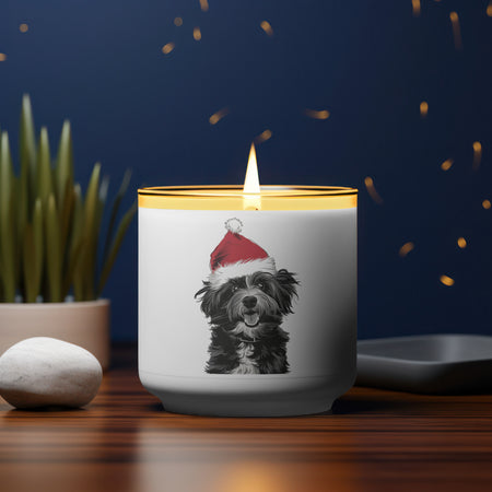 "Joyful Christmas dog with Santa hat graphic for holiday decor."