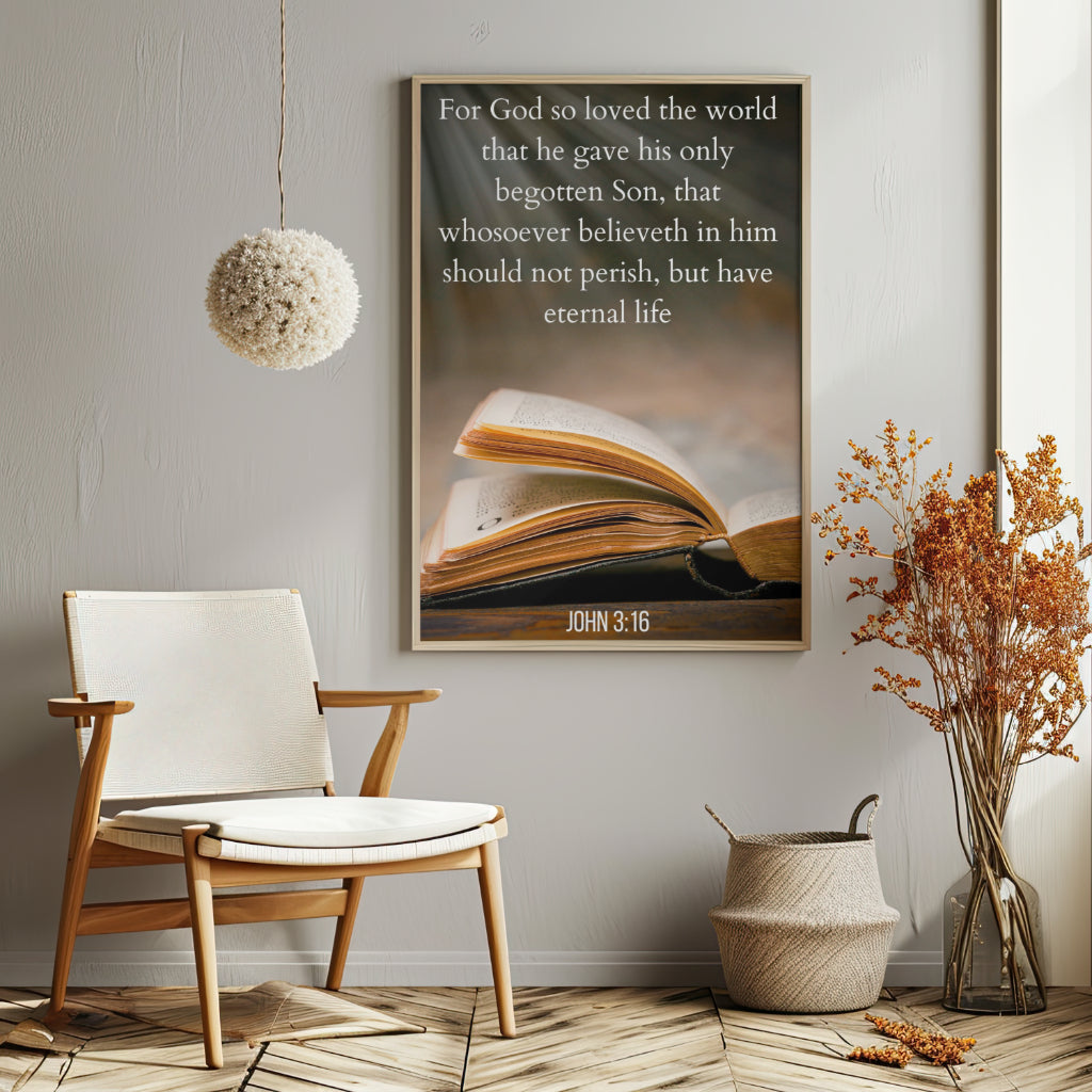 Printable John 3:16 Bible Verse Wall Decor with rustic Bible background
