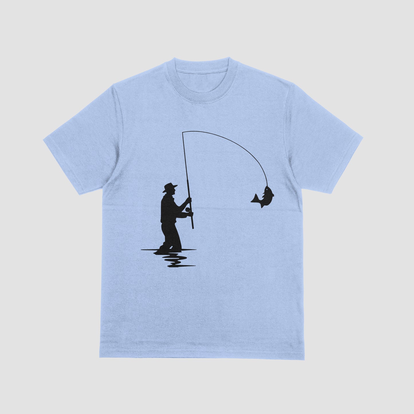 Light blue t-shirt with black fishing graphic on a light gray background
