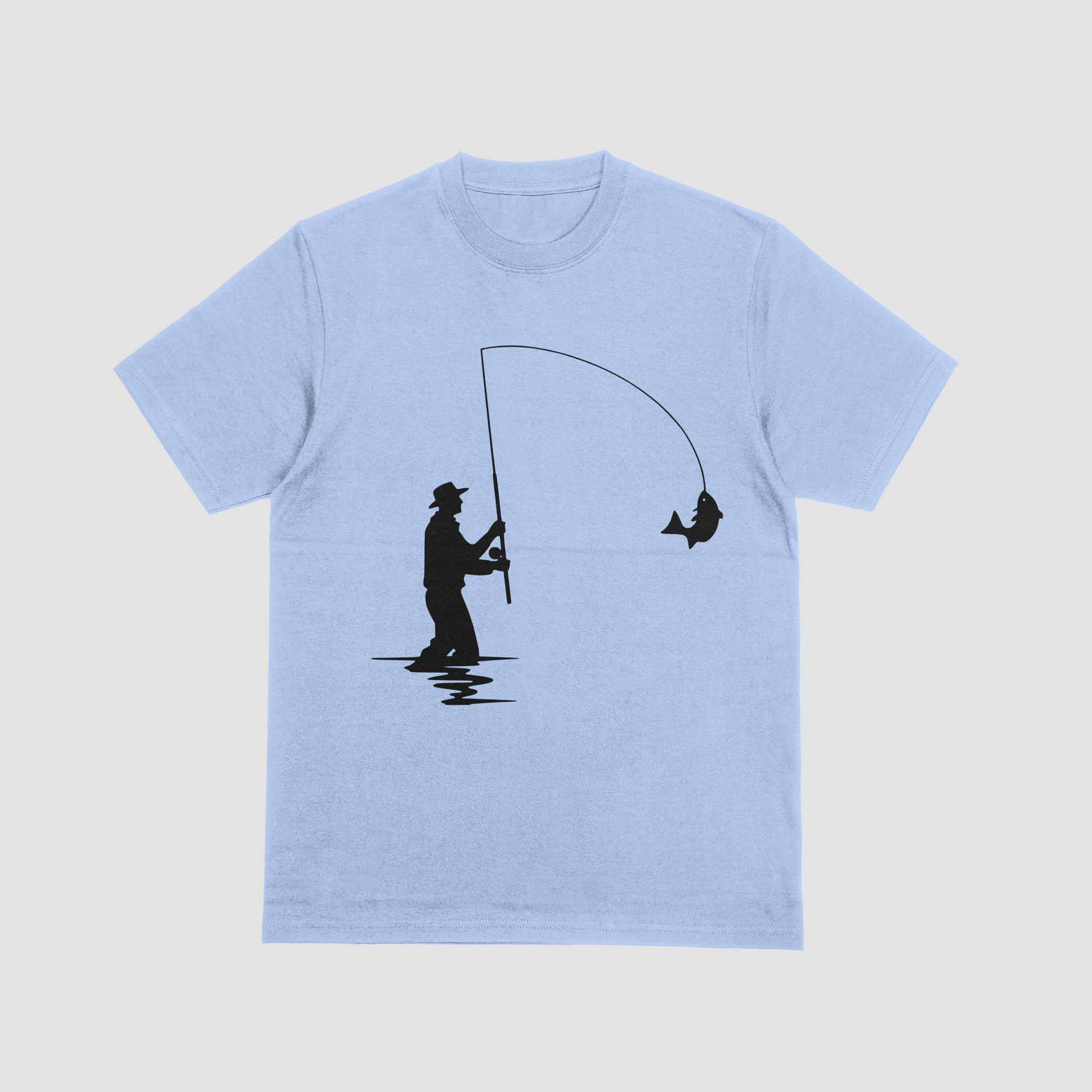 Light blue t-shirt with black fishing graphic on a light gray background