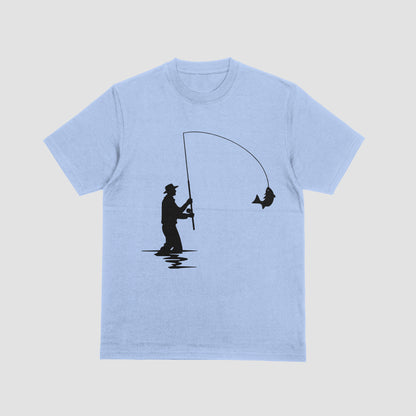 Light blue t-shirt with black fishing graphic on a light gray background