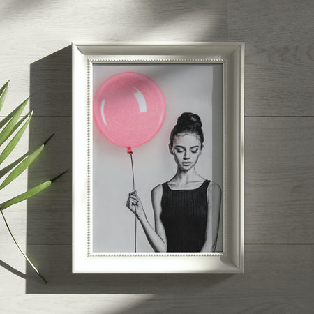 "Digital Charcoal Drawing of Woman with Neon Pink Balloon"