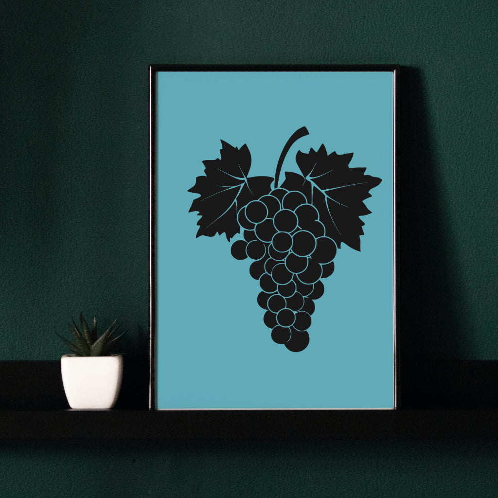 "Black silhouette of a grapevine with grapes and leaves, ideal for gourmet designs."