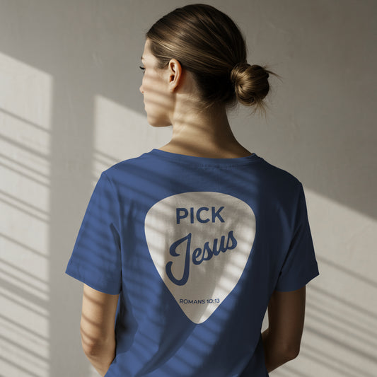Pick Jesus SVG design inside a guitar pick with Romans 10:13 verse