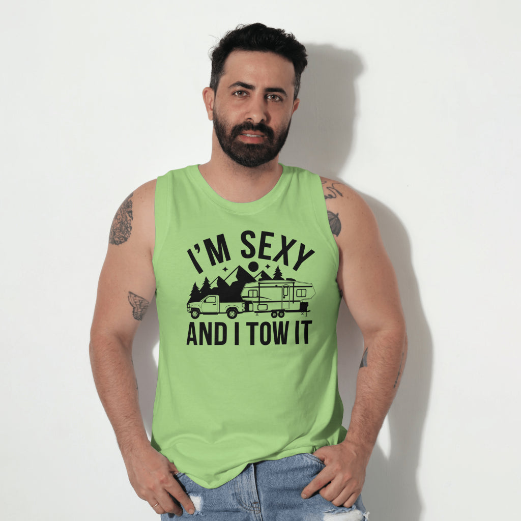 Funny RV camping vector with truck and fifth-wheel camper
