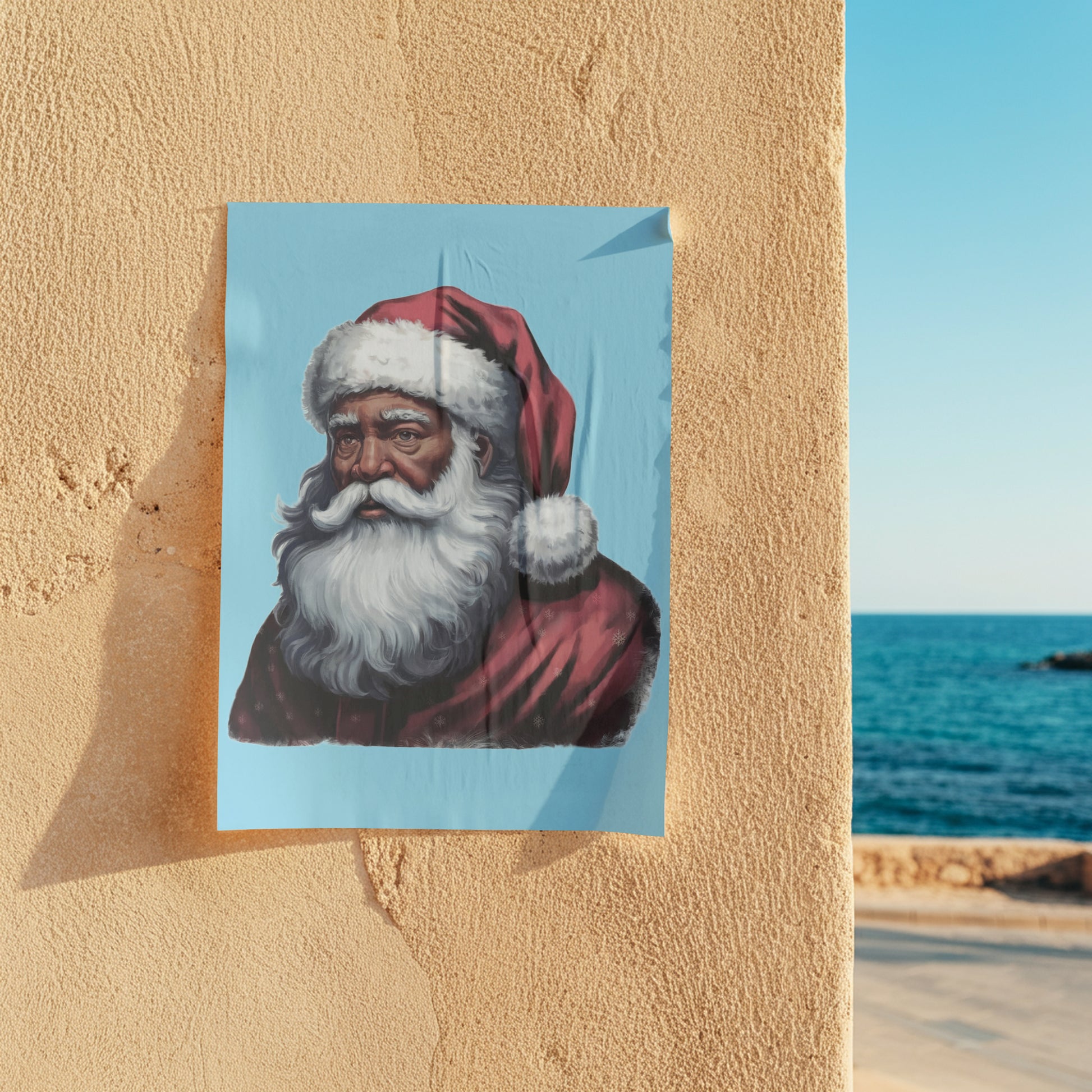 black santa png with white beard and red hat