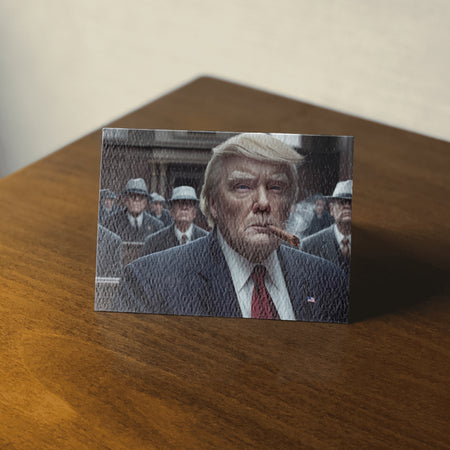 High-quality image featuring Trump with American flag pin and cigar in hand.