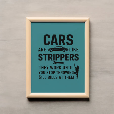 "Graphic art depicting cars and strippers, highlighting high maintenance costs."