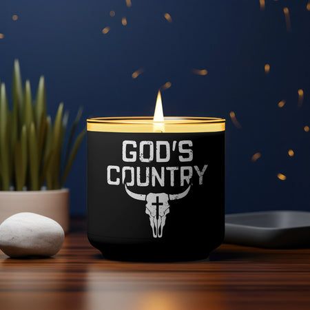 "Bold White Text 'God's COUNTRY' with Bull Skull Illustration"