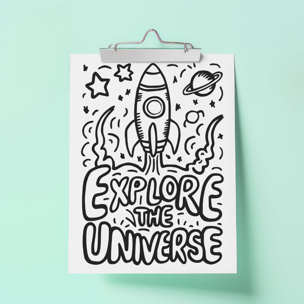 Space exploration coloring page with stars and planet PDF
