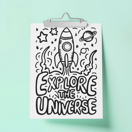 Space exploration coloring page with stars and planet PDF
