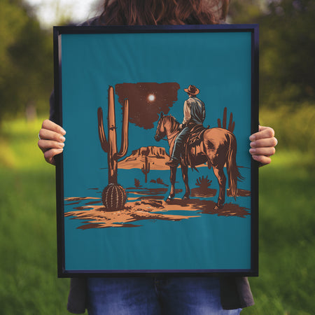 "Desert Night Landscape with Cowboy Silhouette Clipart"
