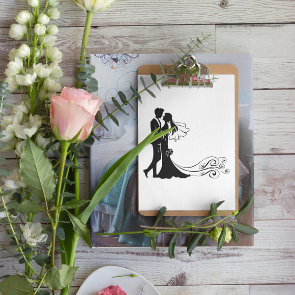 "Sophisticated wedding couple silhouette with bride holding bouquet."