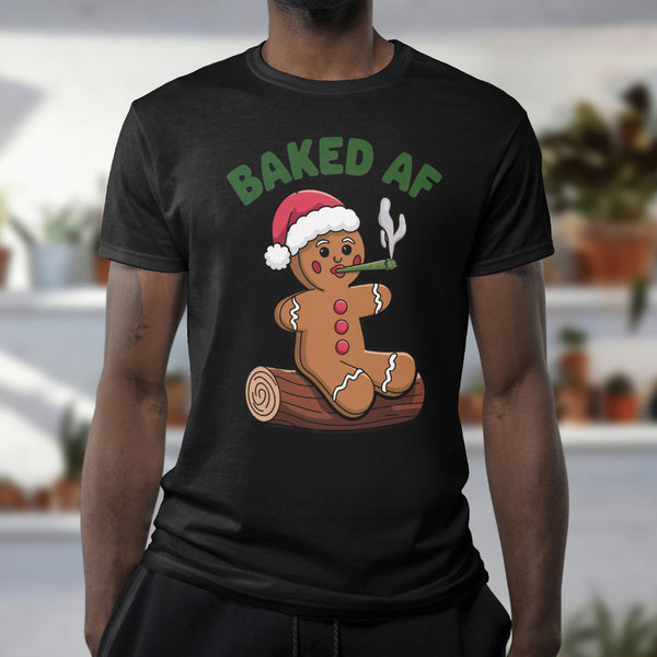 "Baked AF" gingerbread man holiday design on a t-shirt
