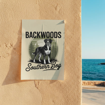 country dog illustration with pine trees and backwoods text