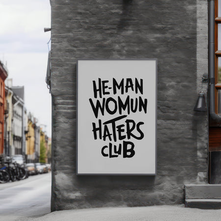 "Playful handwritten typography of 'He-Man Womun Haters Club' inspired by classic film."