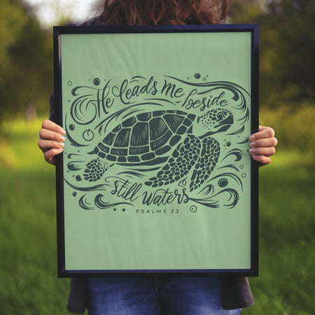 "Biblical Verse and Turtle Design in Water Setting"