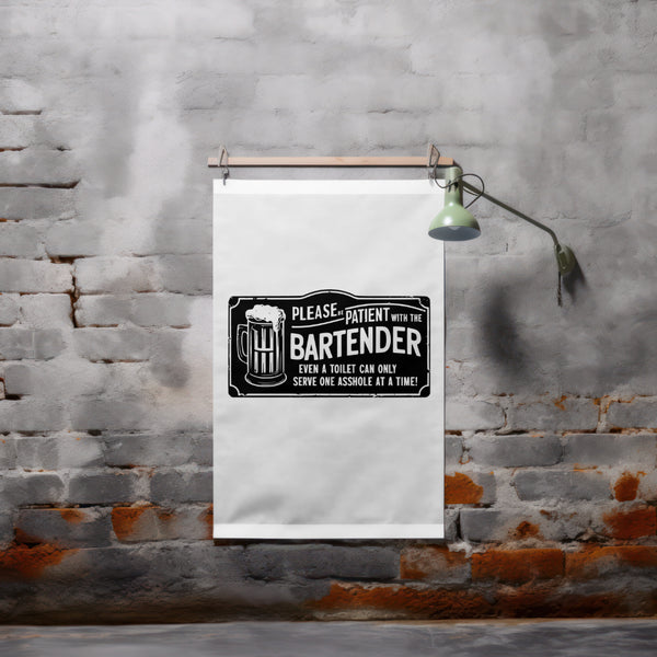 "Humorous bartender patience sign with beer mug graphic in solid black."