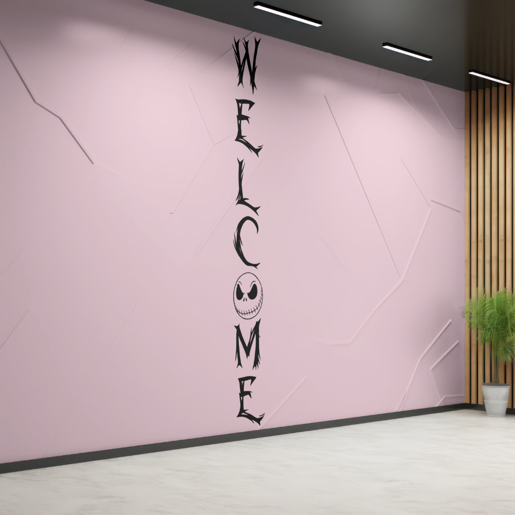 Gothic Welcome Sign PNG with spooky lettering and skull face
