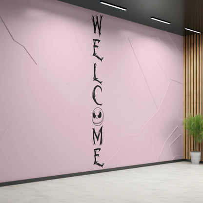 Gothic Welcome Sign PNG with spooky lettering and skull face
