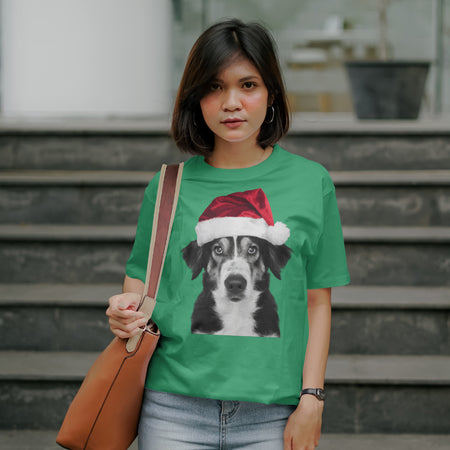 "Holiday-themed photo of a dog with a Santa hat, available in PNG and JPEG."