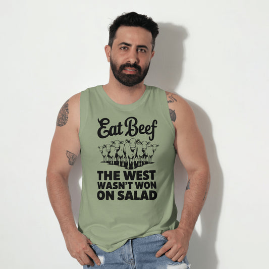 Beef PNG with rustic "Eat Beef, The West Wasn’t Won on Salad" text
