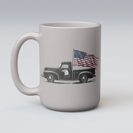 "All-black graphic art of mid-20th century truck with flowing American flag."