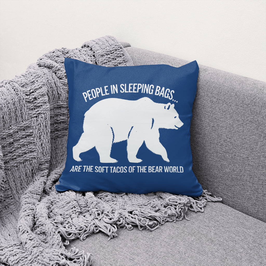 Grizzly bear silhouette with "People in Sleeping Bags Are Soft Tacos" text

