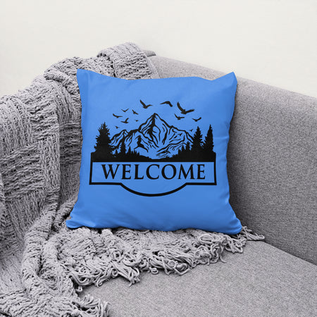 "Welcome Sign Featuring Scenic Mountain Illustration"