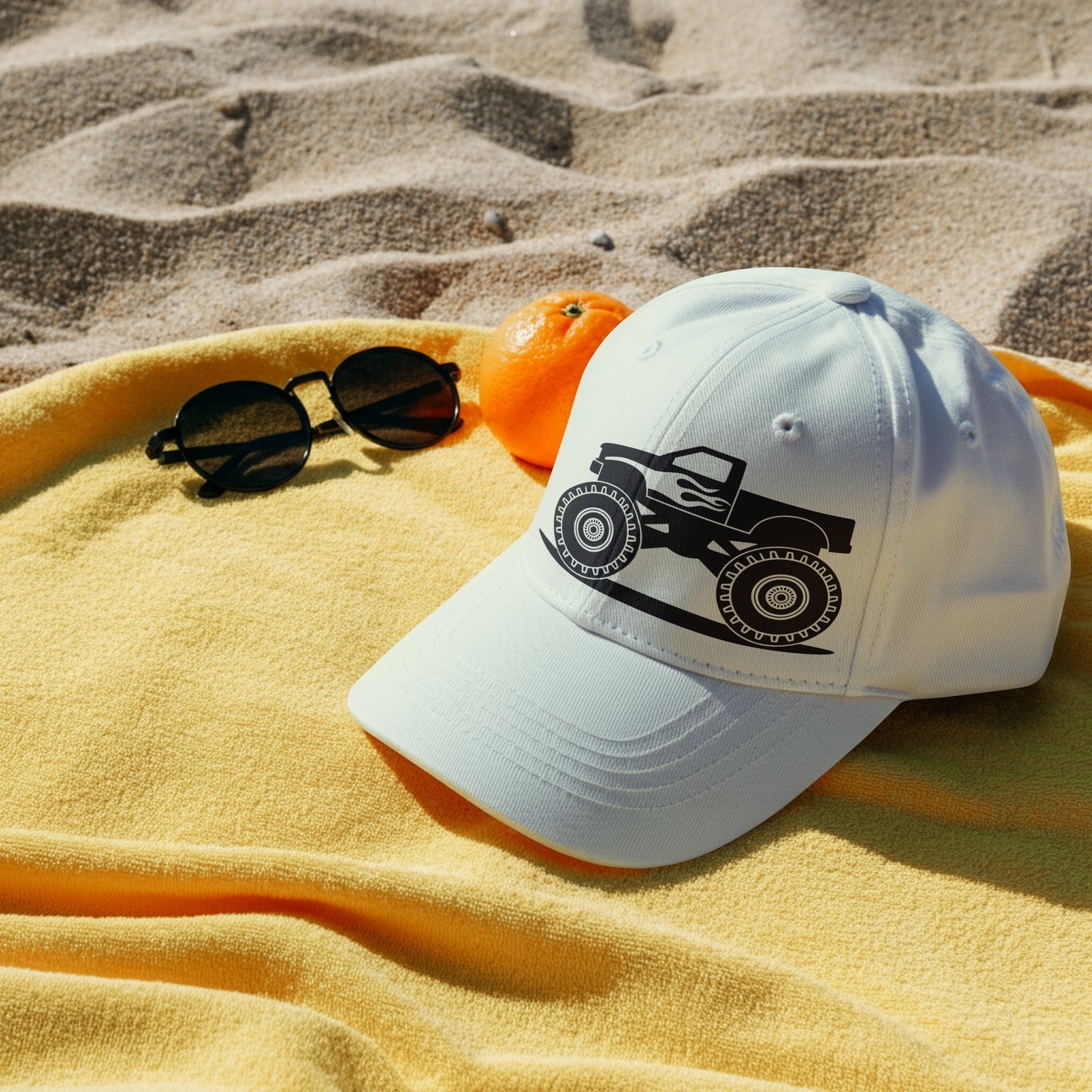 Side-view monster truck vector with flame detail