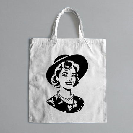 "Black and white head bust of a retro housewife with a confident smile."