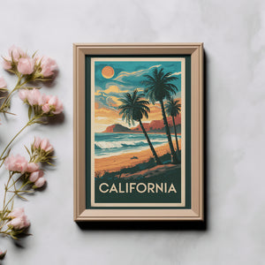 "Painterly California Beach Scene with Palm Trees and Waves"