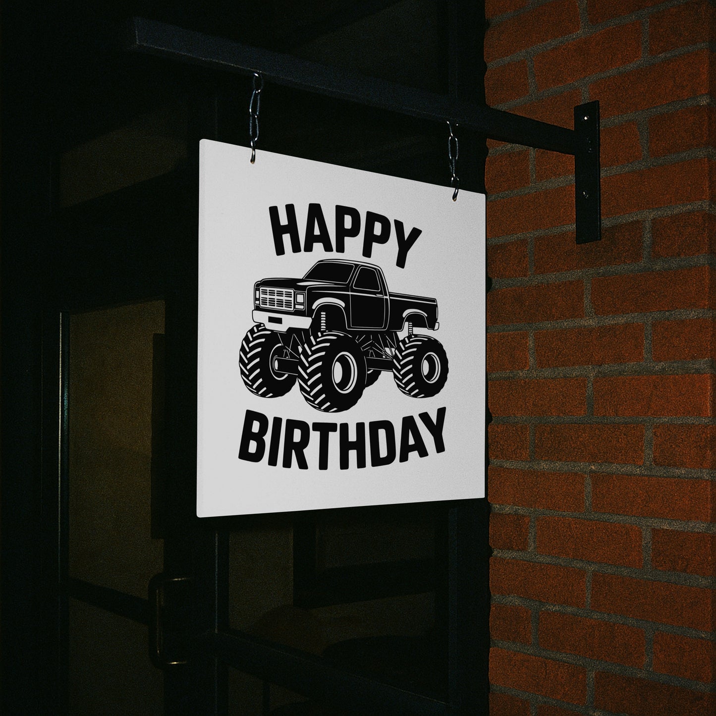 Vector design of monster truck with rugged wheels and birthday message