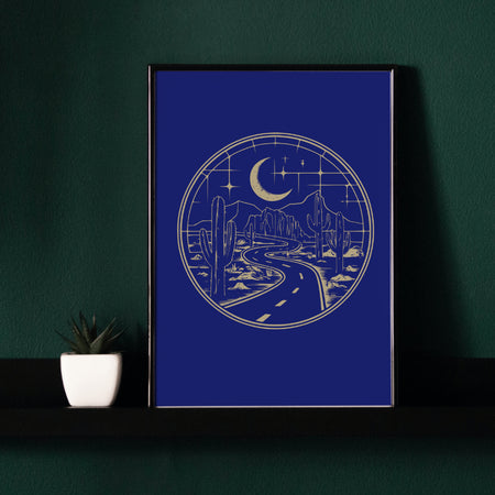 "Intricate Desert Road Celestial Map Graphic for Decor and Apparel"