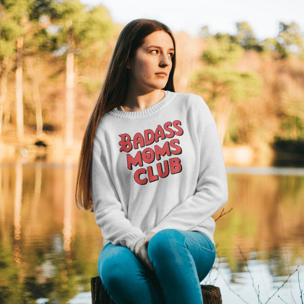 "Funky red and black graphic image saying 'Badass Moms Club' for stylish mothers."