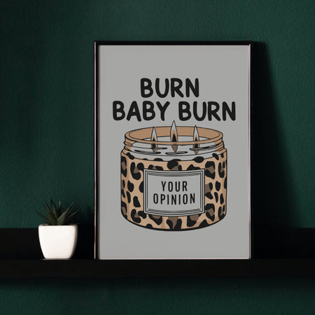 "Expressive candle jar graphic featuring 'Your Opinion' label and playful leopard print."