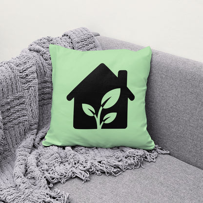 Black eco-friendly house graphic with three-leaf plant