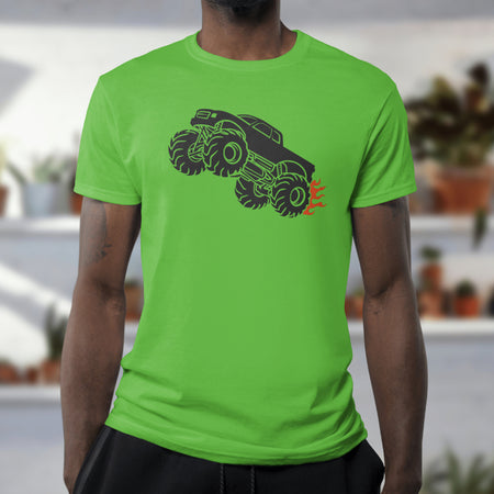 "High-energy monster truck silhouette with flame details for extreme sports designs."