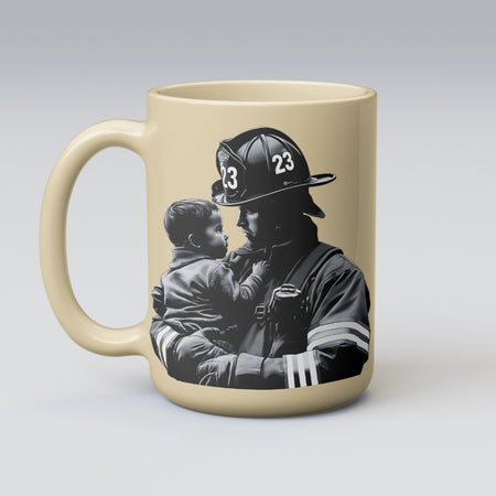 "Dramatic Rescue Scene with Firefighter and Child Illustration"