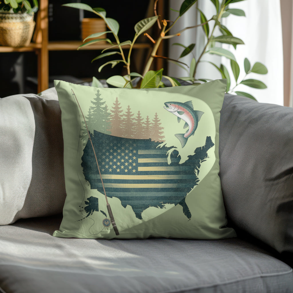 Patriotic graphic PNG with American flag, trout, and fishing rod
