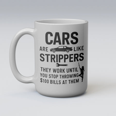 "Humorous car and stripper comparison graphic in black and white."