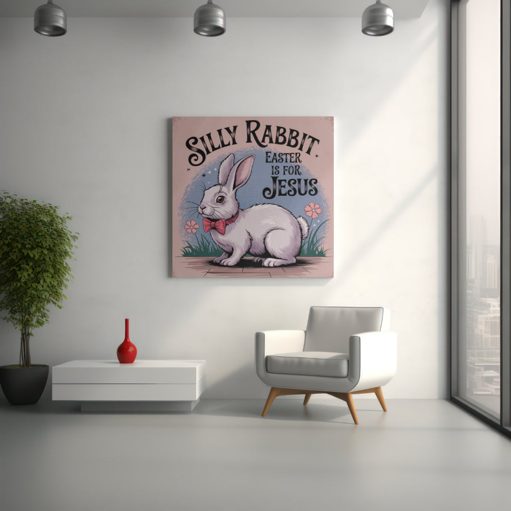White rabbit with bowtie standing on a wooden platform Easter PNG
